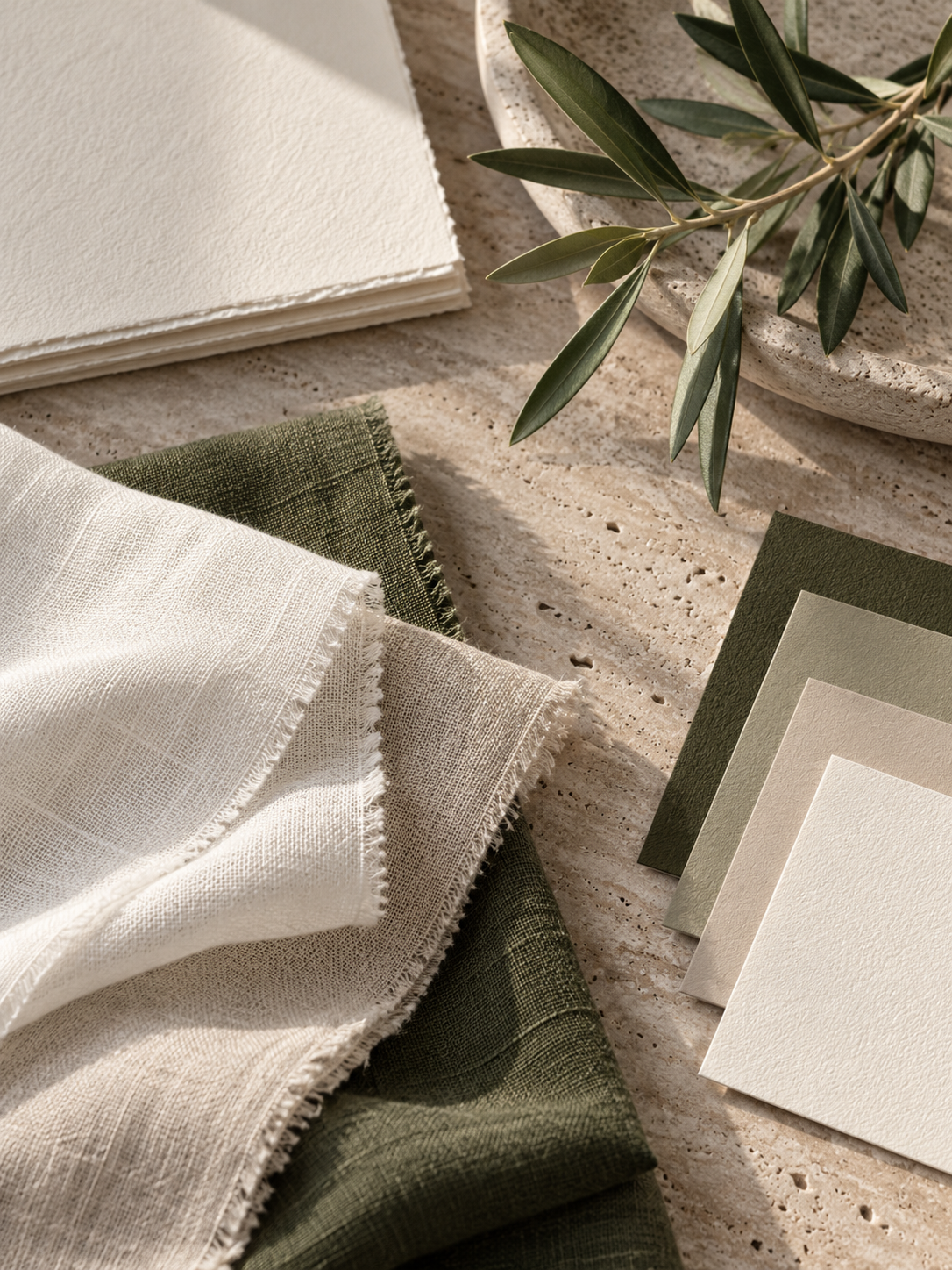 Ivory and olive linen, handmade paper and stone surface