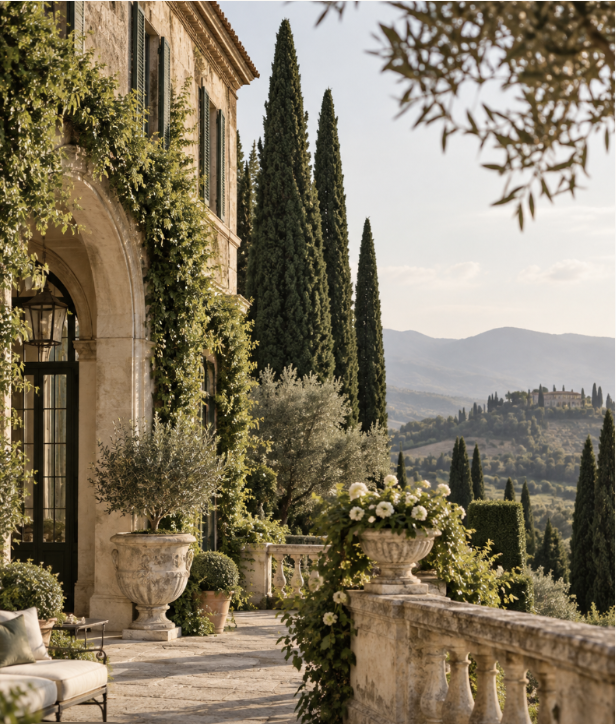 Italian villa terrace with cypress trees and stone urns