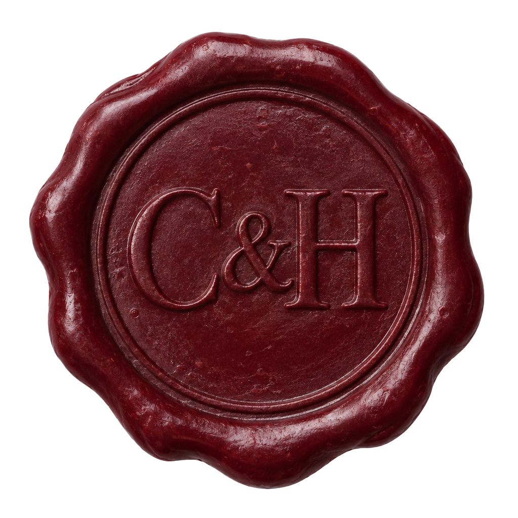 Burgundy wax seal engraved C and H